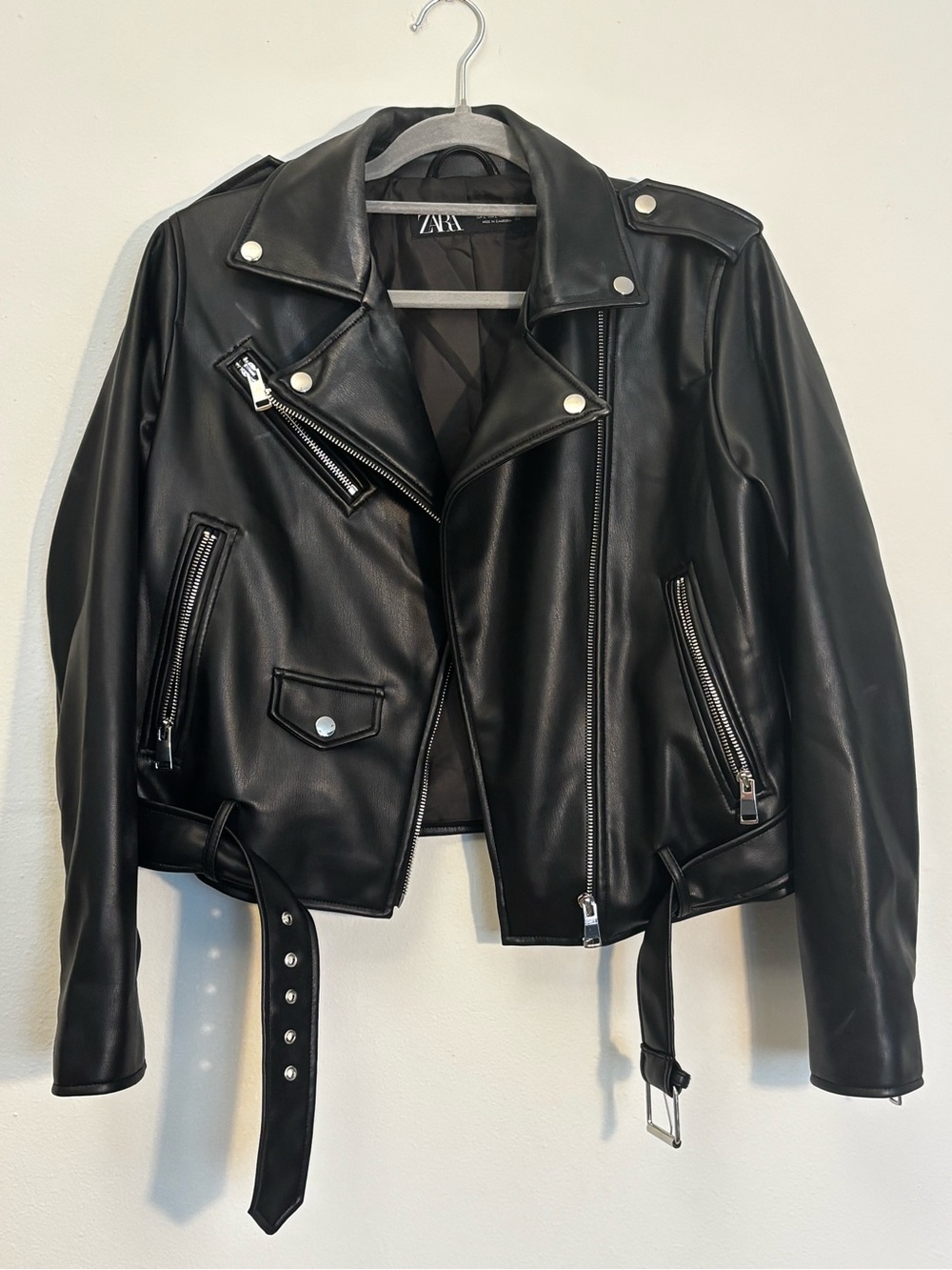 Zara Black Faux Leather Moto Jacket with Belt - Picture 2 of 4